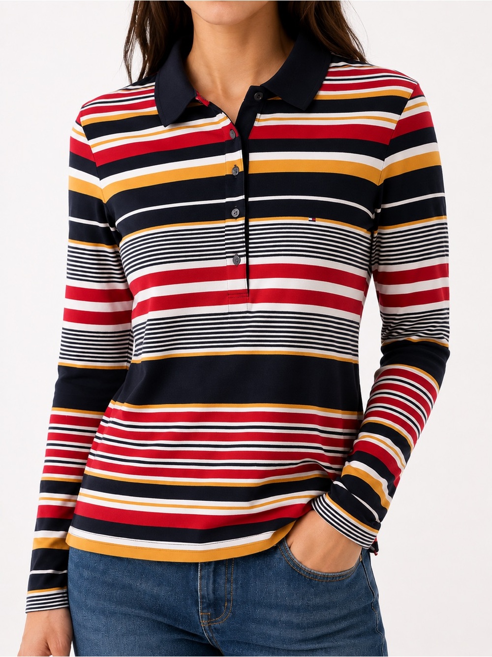 Tommy Hilfiger Striped Long Sleeve Polo Shirt Cotton Stretch Women’s M